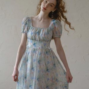 French Floral Lace Up Waist Dress